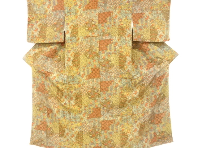 JAPANESE KIMONO / VINTAGE UNUSED KOMON KIMONO / CHIRIMEN / FLORAL SARASA PATTERN